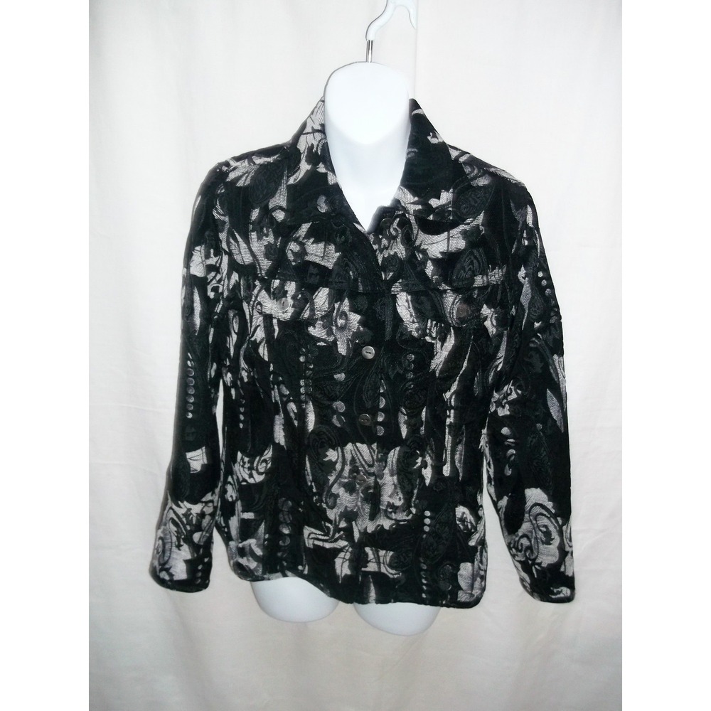 Chicos Jeans Jacket Gray‎ Black White Floral Sz 0 Small Medium Shacket Women’s